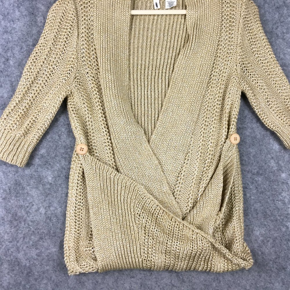Anthropologie Moth Cardigan XS Sweater Gold Metallic Knit Wrap Around Career - Picture 5 of 14